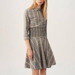 Maje Resha Gray Checked Plaid Midi Shirt Dress with smocked waist